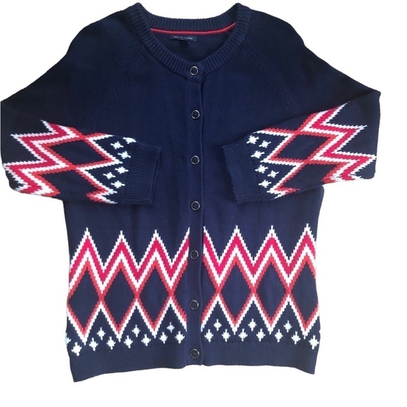 Tommy Hilfiger Navy Red Zigzag Cardigan Sweater L Button Up SOFT Argyle Fall - Picture 1 of 6